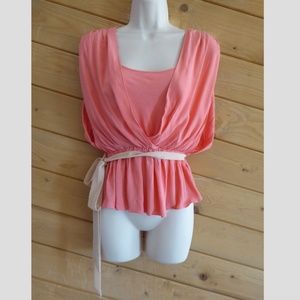 HD in Paris Anthropologie 2 Coral Pink Orange Deborah Blouse Belted Top Tunic